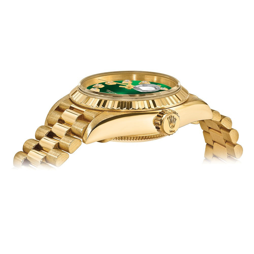Pre-owned Rolex Independently Certified Women's 18K Date just President with Green Diamond Dial and 18K Fluted Bezel
