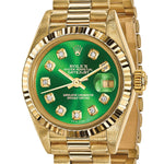 Independently Certified Pre-owned Rolex Lady Date just women's 18K gold watch with green diamond dial and President bracelet