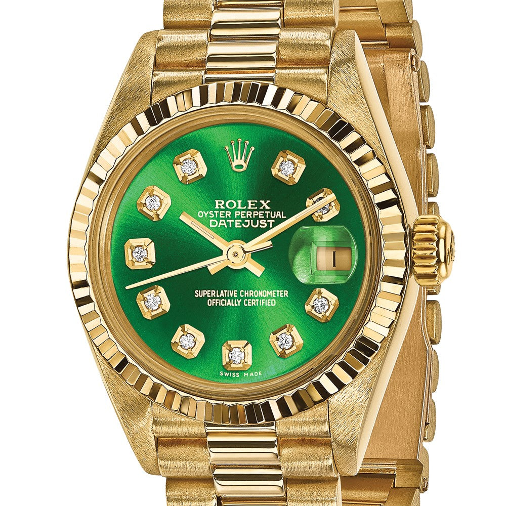 Independently Certified Pre-owned Rolex Lady Date just women's 18K gold watch with green diamond dial and President bracelet