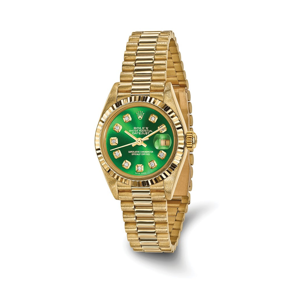 Pre-owned Independently Certified Rolex Lady Date just 26mm women's 18K yellow gold President watch with green diamond dial and fluted bezel