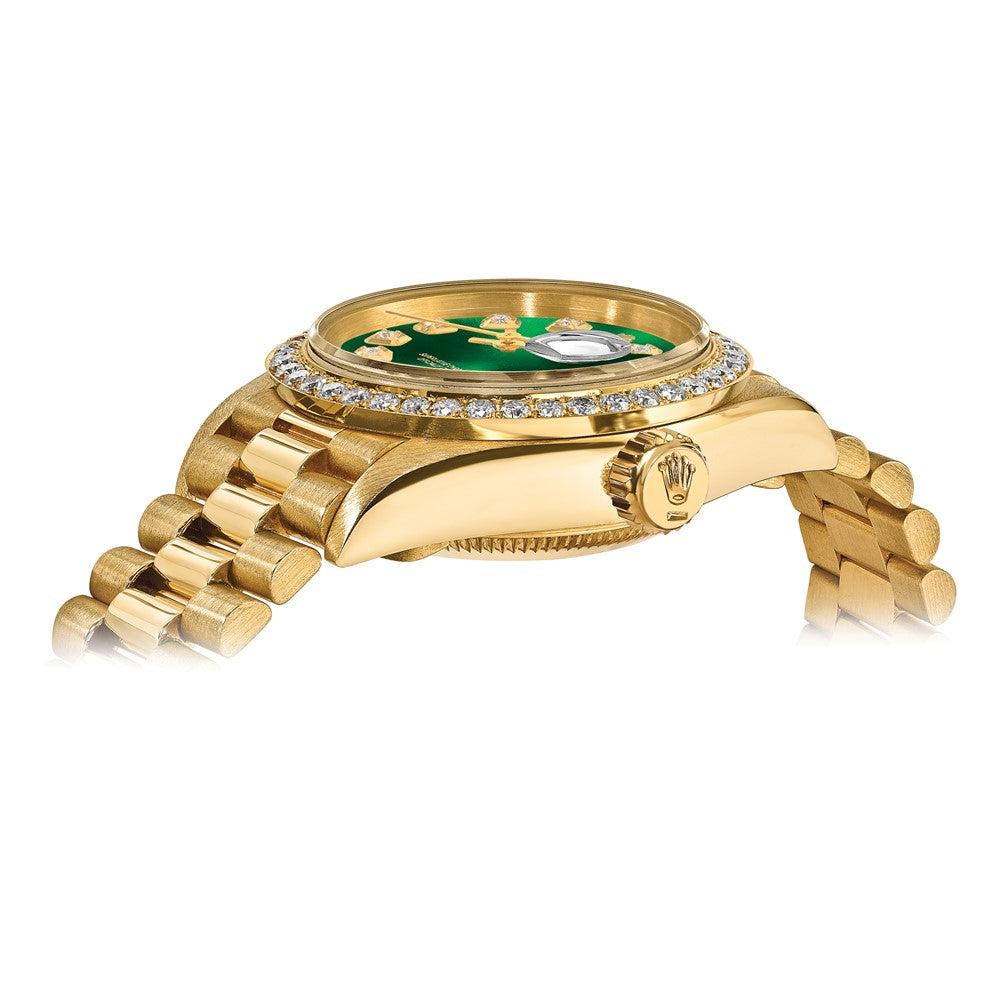 Certified pre-owned Rolex Datejust 26mm green dial watch, dial close-up view.