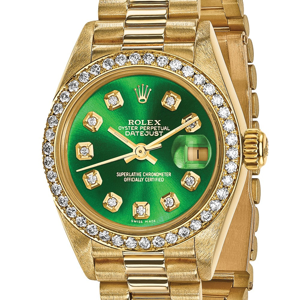 Certified pre-owned Rolex Datejust 26mm green dial watch, caseback view.