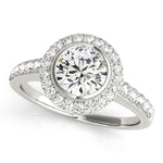 Round Lab Grown Diamond Halo Ring with Side Stones in 14K gold and platinum