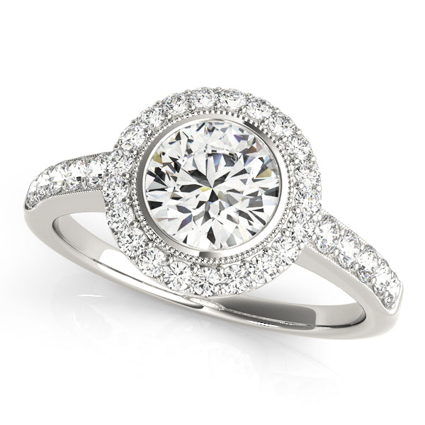 Round Lab Grown Diamond Halo Ring with Side Stones in 14K gold and platinum