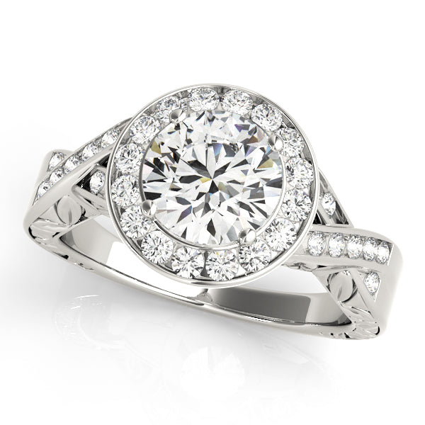 Round Lab Diamond Twisted Shank Halo Ring in 14K gold and platinum