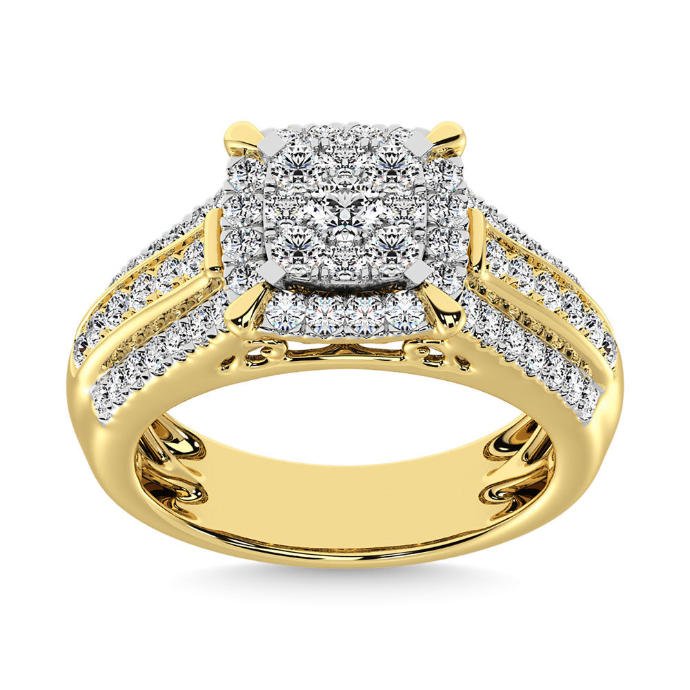 Luxury yellow gold engagement ring with cushion-cut diamond halo and pave band