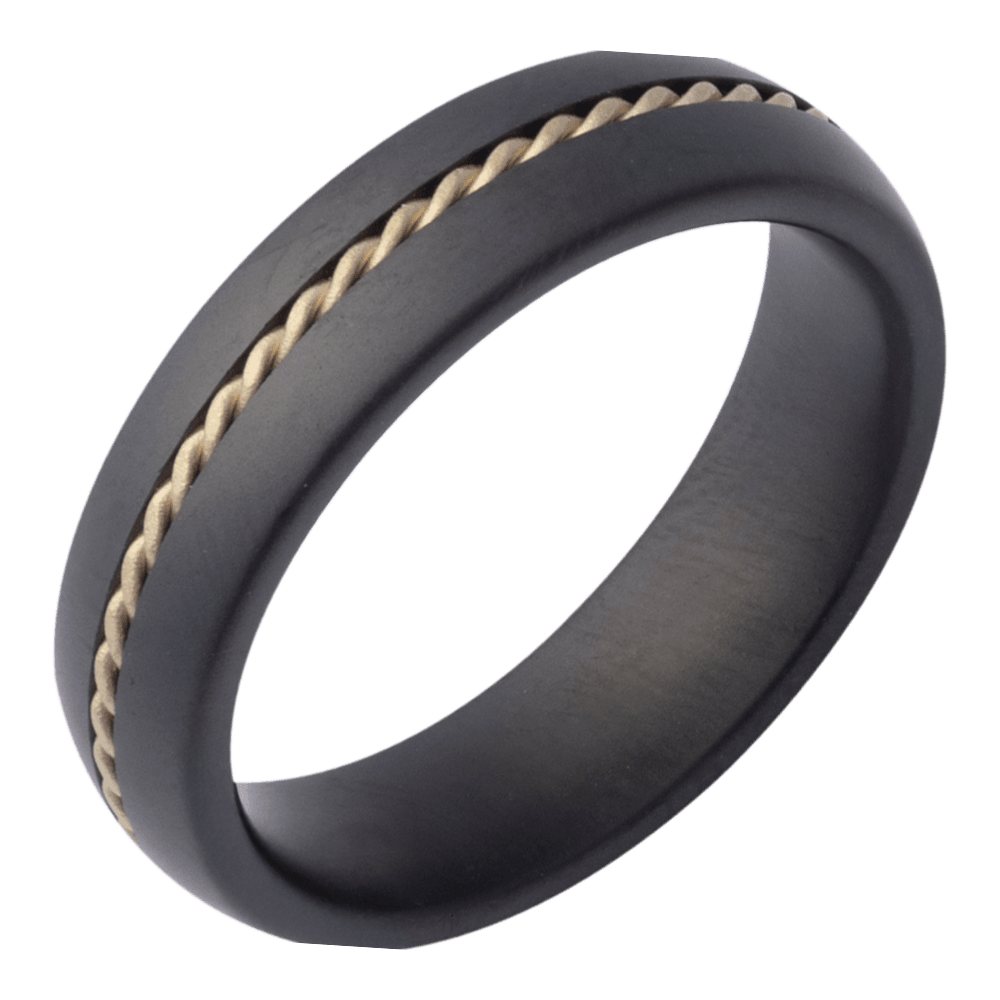 Black ceramic and 14K yellow gold men's wedding band with rope inlay design, 6mm comfort fit luxury ring