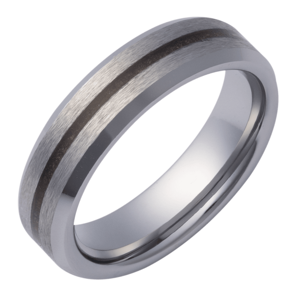 6mm tungsten men's wedding band with crushed red dino inlay and beveled edge comfort fit design | Picasso Gold & Diamond Jewelry