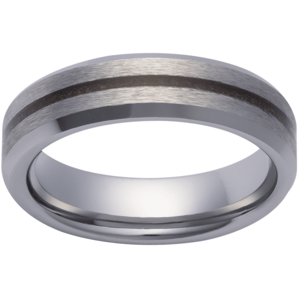 Picasso Gold & Diamond Jewelry | 6mm tungsten men's wedding band with crushed red dino inlay and beveled edge comfort fit design. 