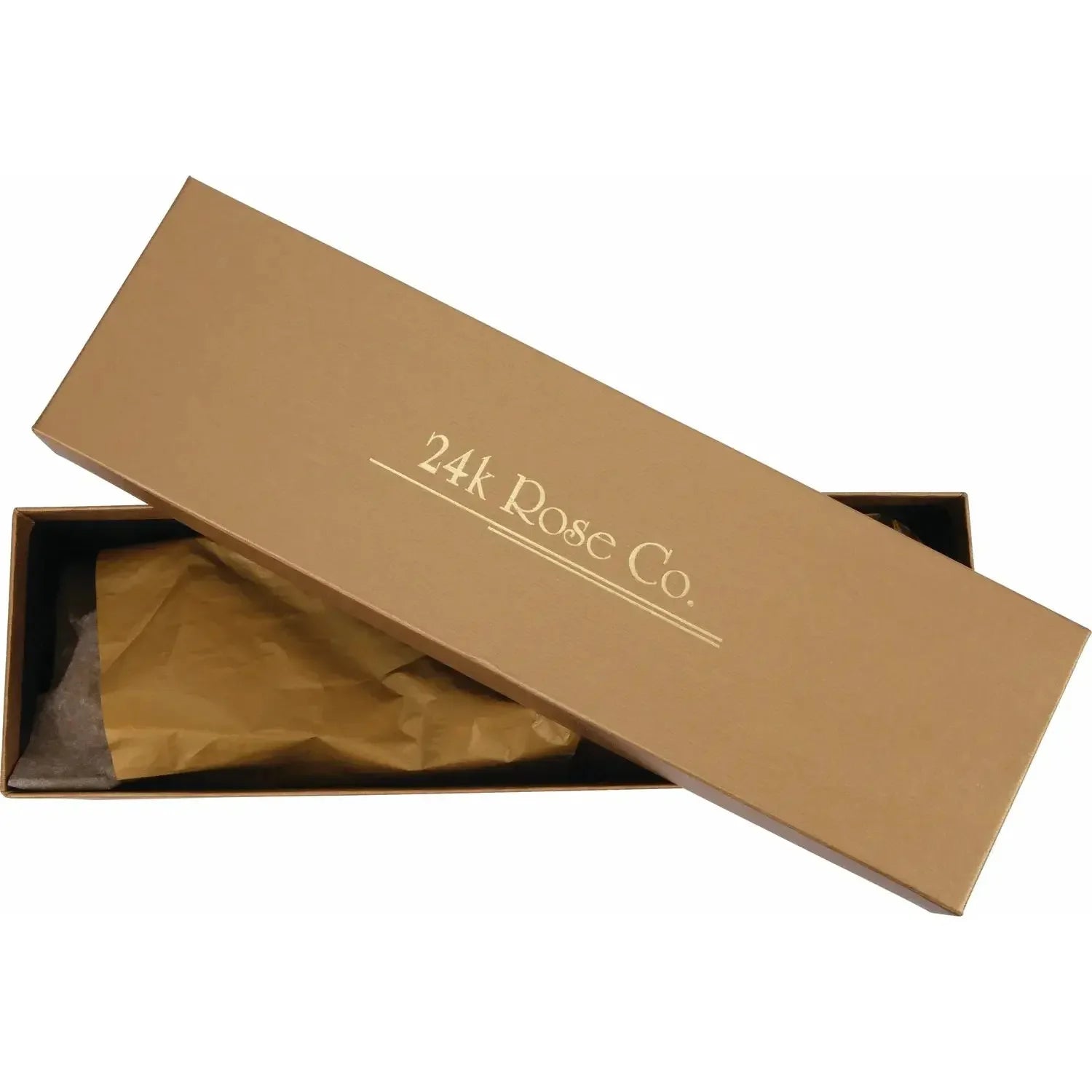 Brown rectangular jewelry gift box with '24k Rose Co.' gold lettering, partially open