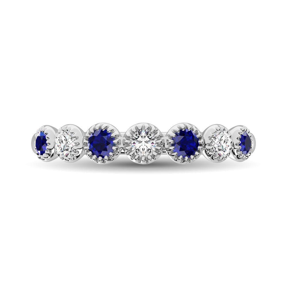 Diamond 1/5 ct. tw. and Blue Sapphire Stack Band in 14K White Gold, side profile view showing the band