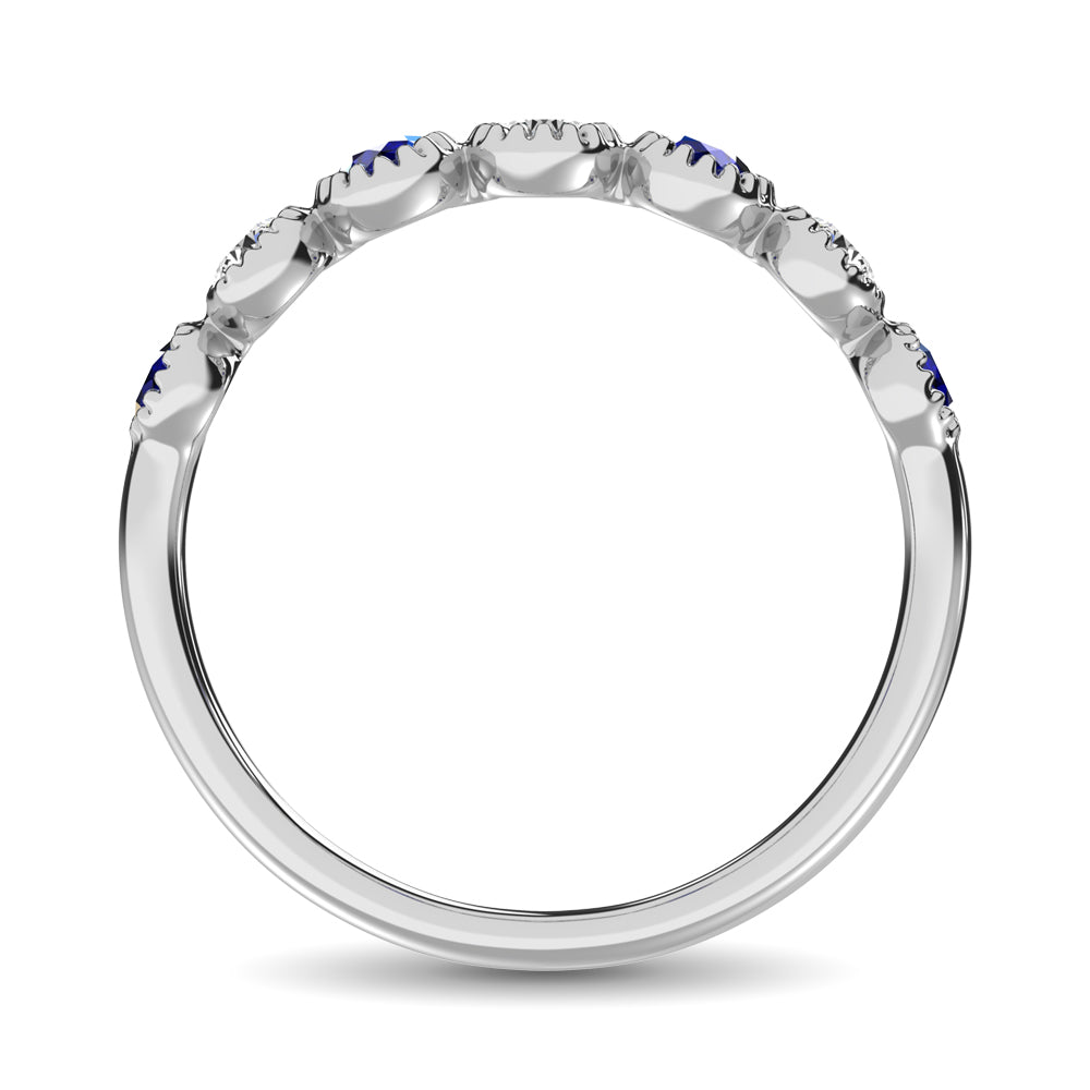 Diamond 1/5 ct. tw. and Blue Sapphire Stack Band in 14K White Gold, close-up of the diamond setting