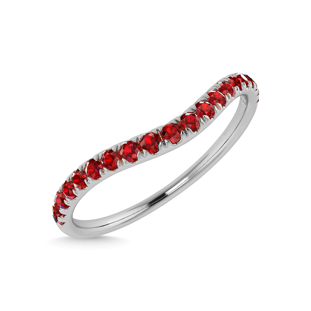 Classic 14k White Gold curved diamond band, showcasing 0.2 CTW ruby, side profile view.
