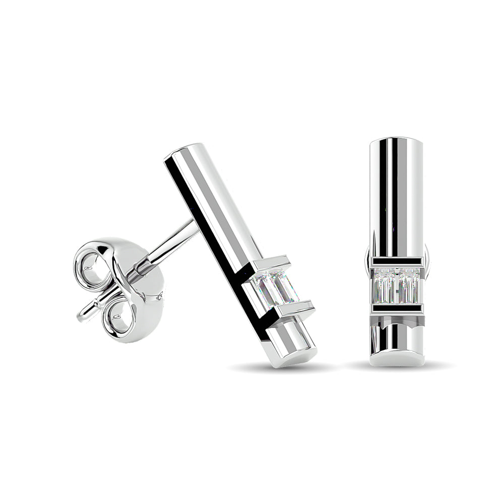 14k White Gold earrings, showcasing 0.07 CTW diamond, with straight baguette-cut stones, close-up detail shot.