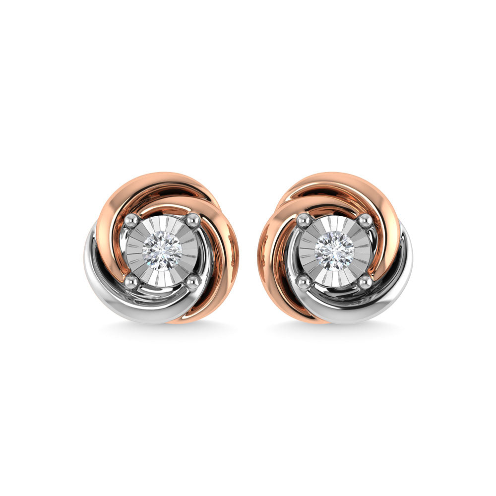 Handcrafted 14k White Gold stud earrings, set with 0.152 CTW diamond, with round-cut stones, close-up detail shot | Picasso Gold & Diamond Jewelry.