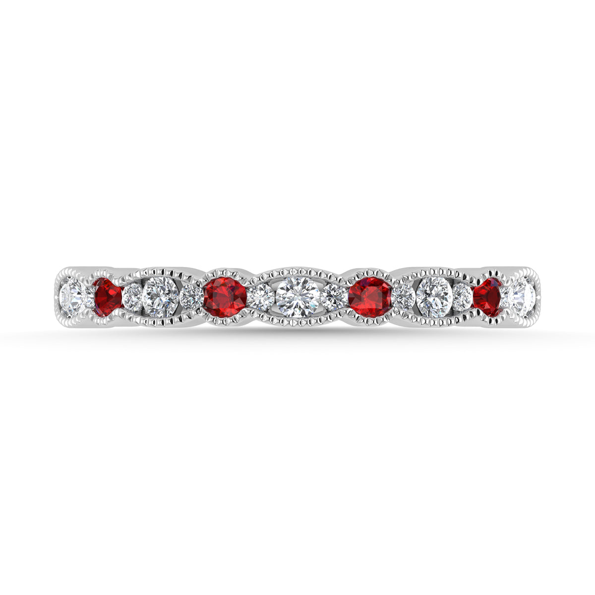 Diamond 1/4 ct. tw. And Ruby Band in 14K White Gold, side profile view showing the band