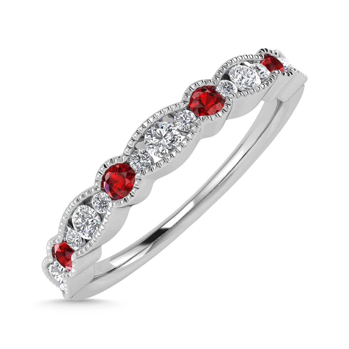 Diamond 1/4 ct. tw. And Ruby Band in 14K White Gold, top view of the diamonds