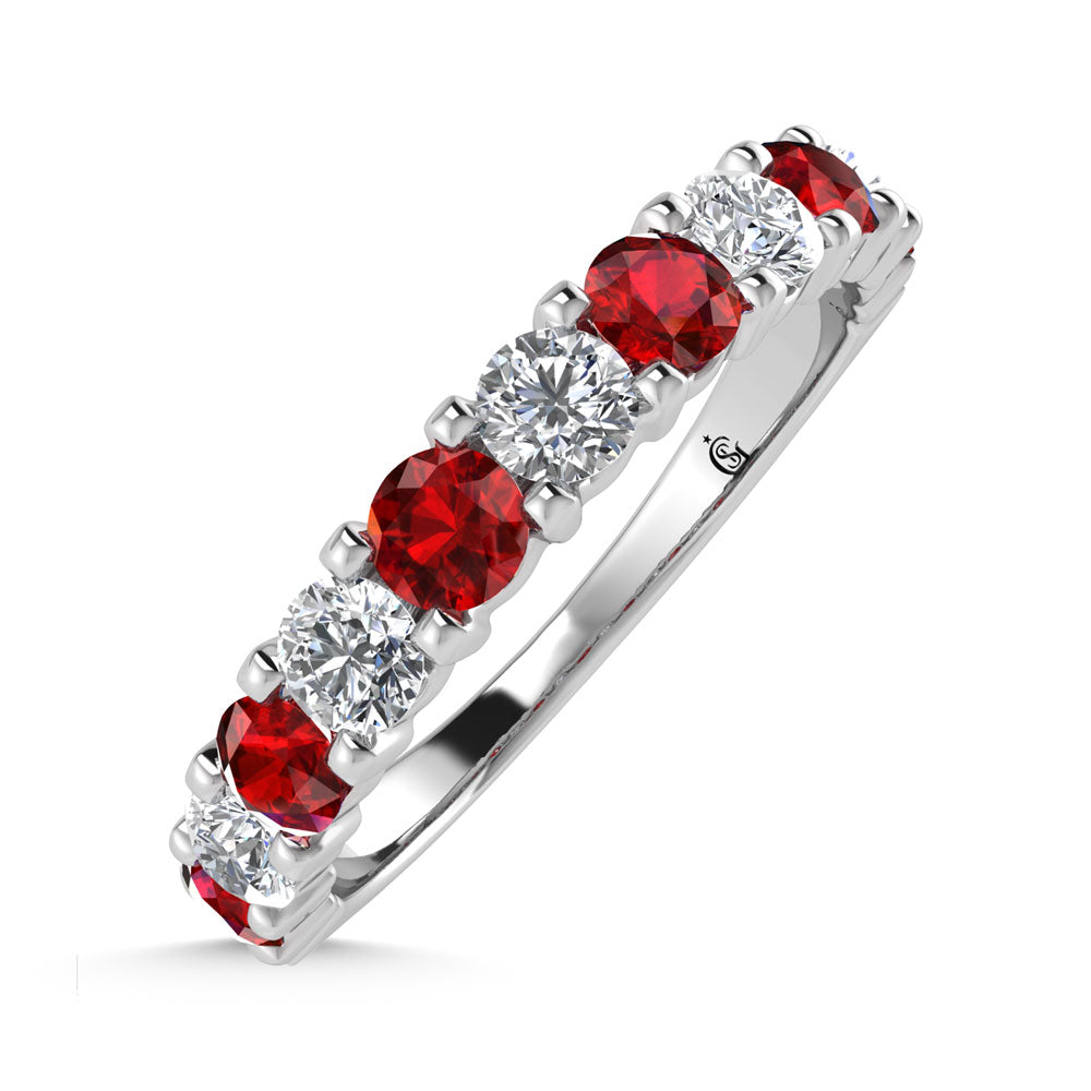 14K White Gold Machine Set Alternate Ruby and Diamond 5/8 ct. tw. Band, top view of the diamonds