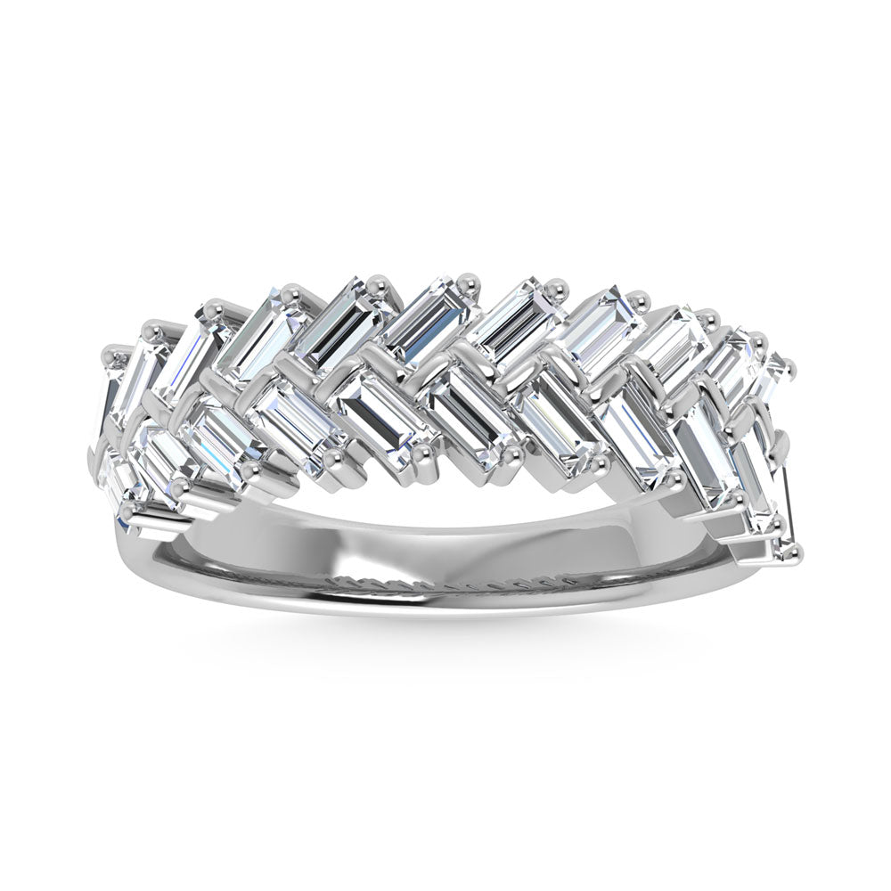 14k White Gold diamond band, showcasing 1 CTW diamond, with straight baguette-cut stones, close-up detail shot.