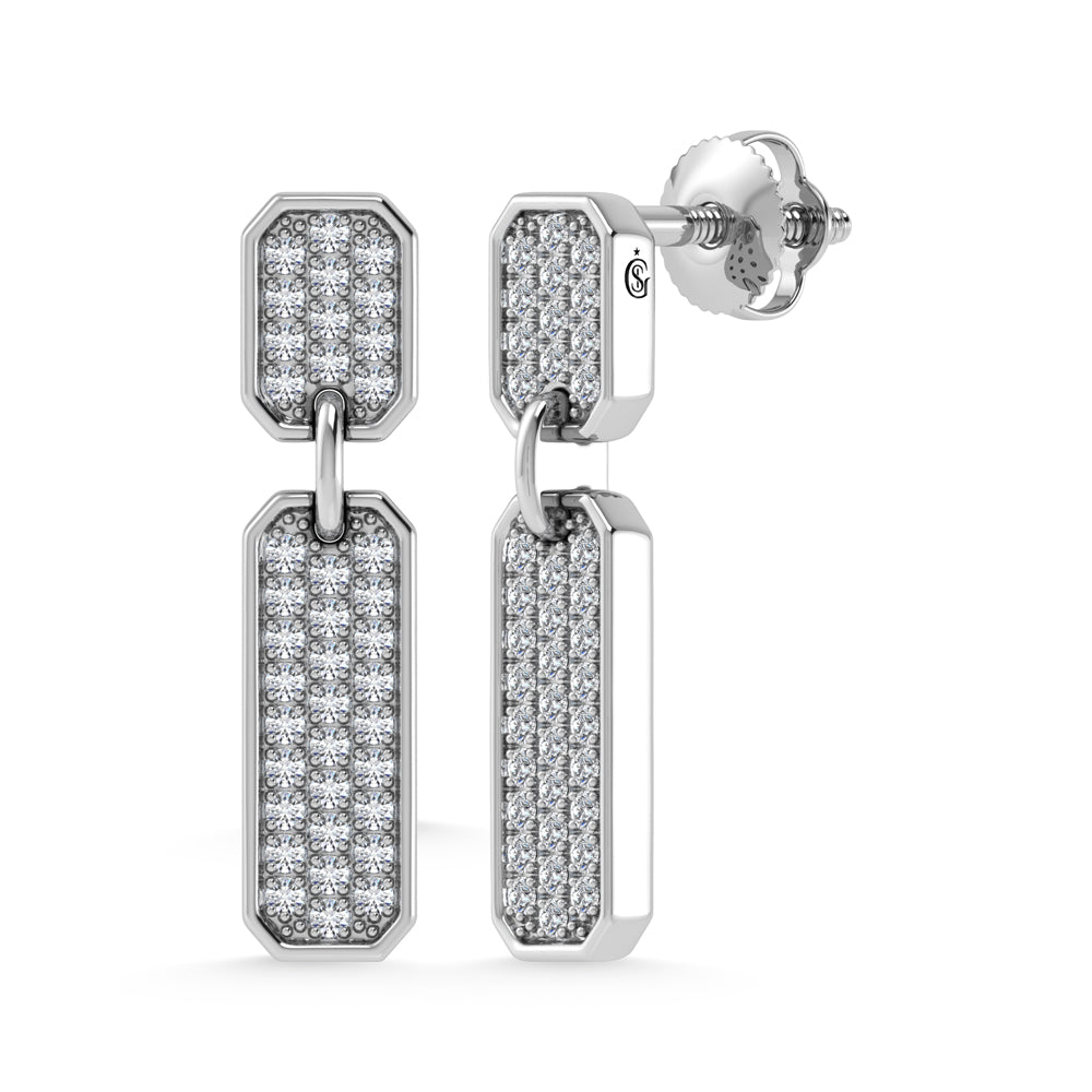 Classic 14k White Gold earrings, set with 0.25 CTW diamond, with round-cut stones, close-up detail shot | Picasso Gold & Diamond Jewelry.