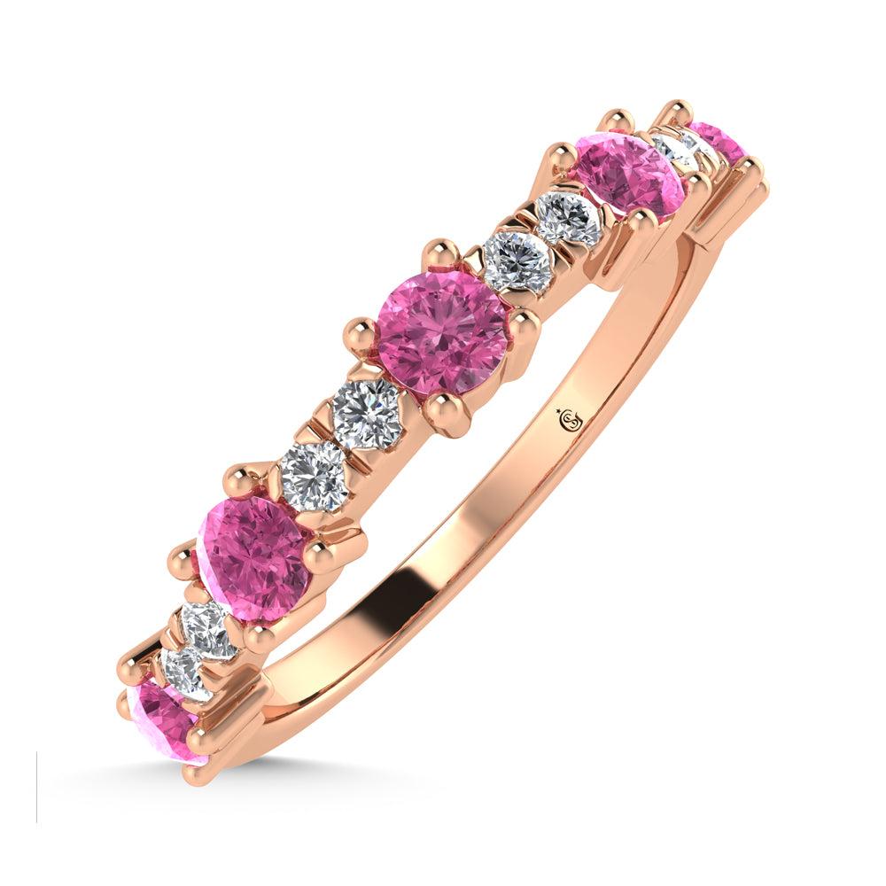 14K Rose Gold Diamond 5/8 ct. tw. Alternate Diamond and Pink Sapphire Stackable Band, top view of the diamonds
