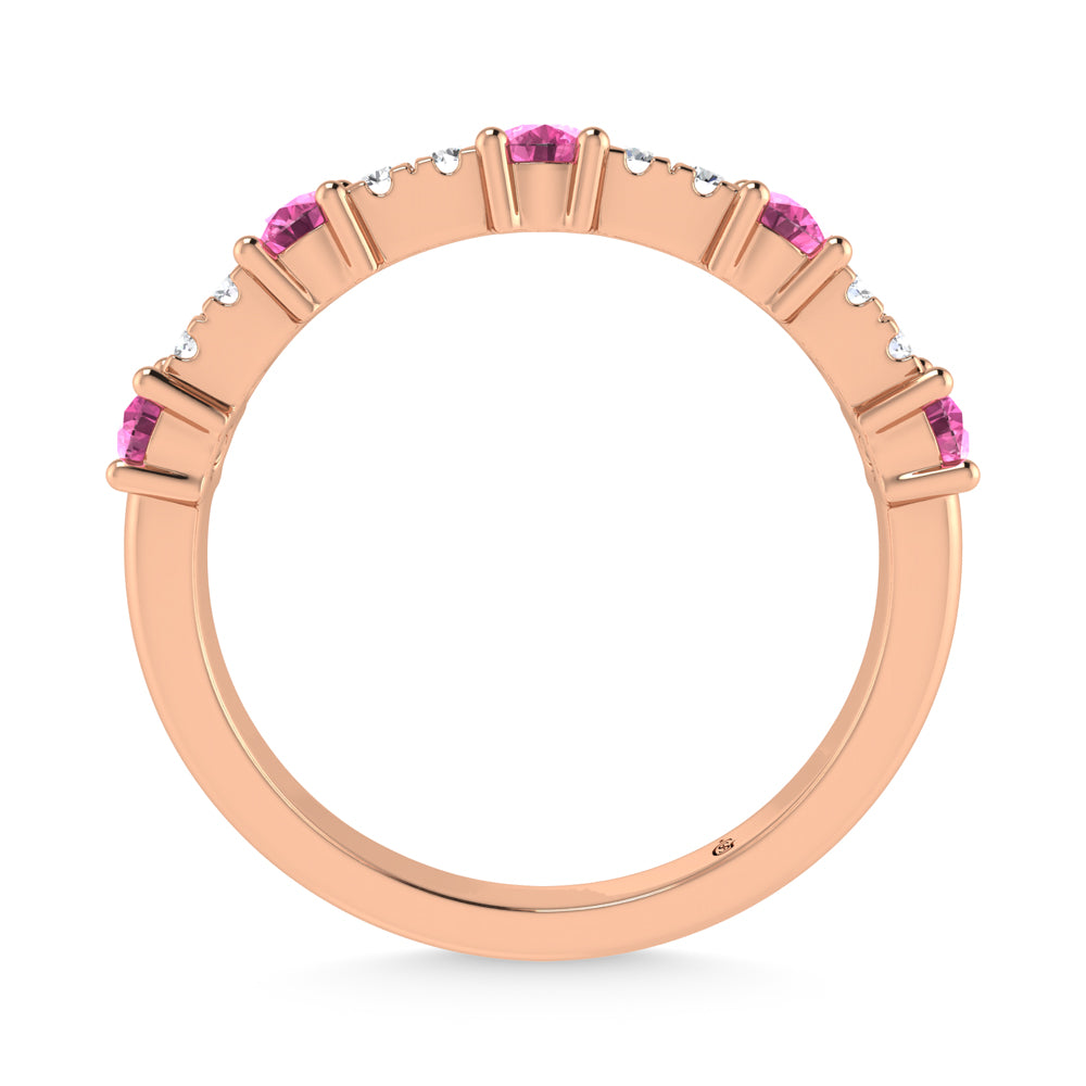 14K Rose Gold Diamond 5/8 ct. tw. Alternate Diamond and Pink Sapphire Stackable Band, close-up of the setting