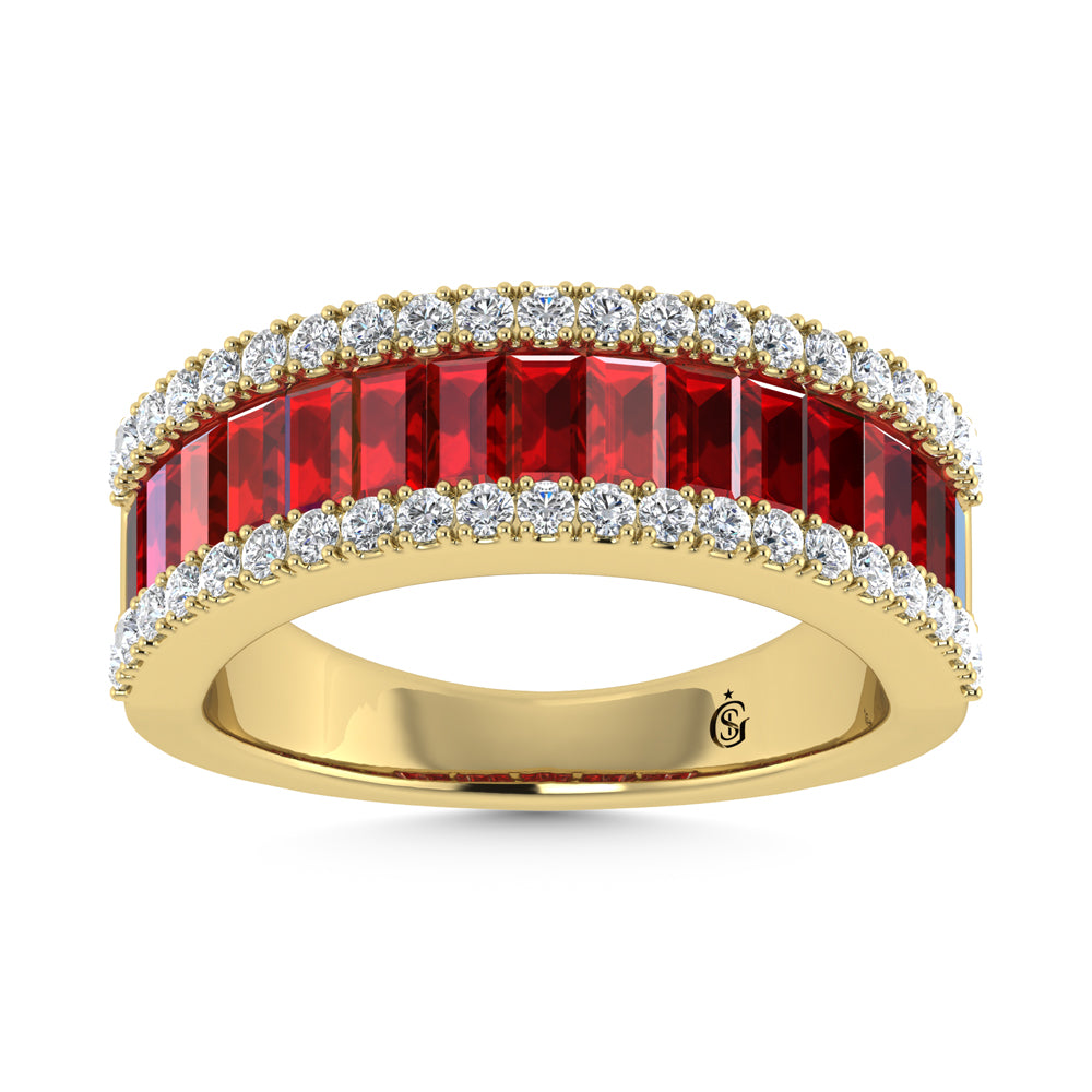 Classic 14k Yellow Gold band, set with 0.4 CTW ruby / diamond, with round / straight baguette-cut stones, close-up detail shot.