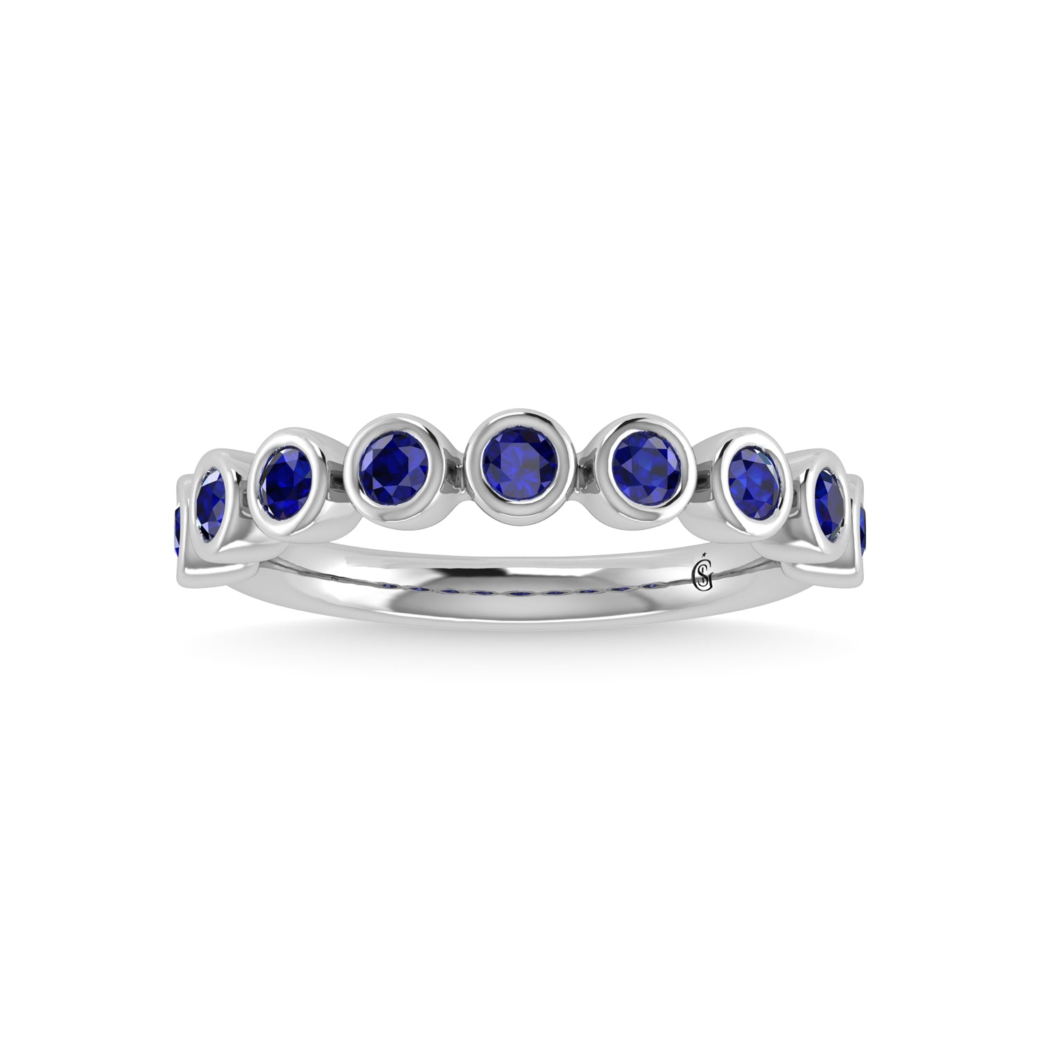 14k White Gold band, showcasing 0.63 CTW diamond, in a round blue sapphire cut, close-up detail shot | Picasso Gold & Diamond Jewelry.