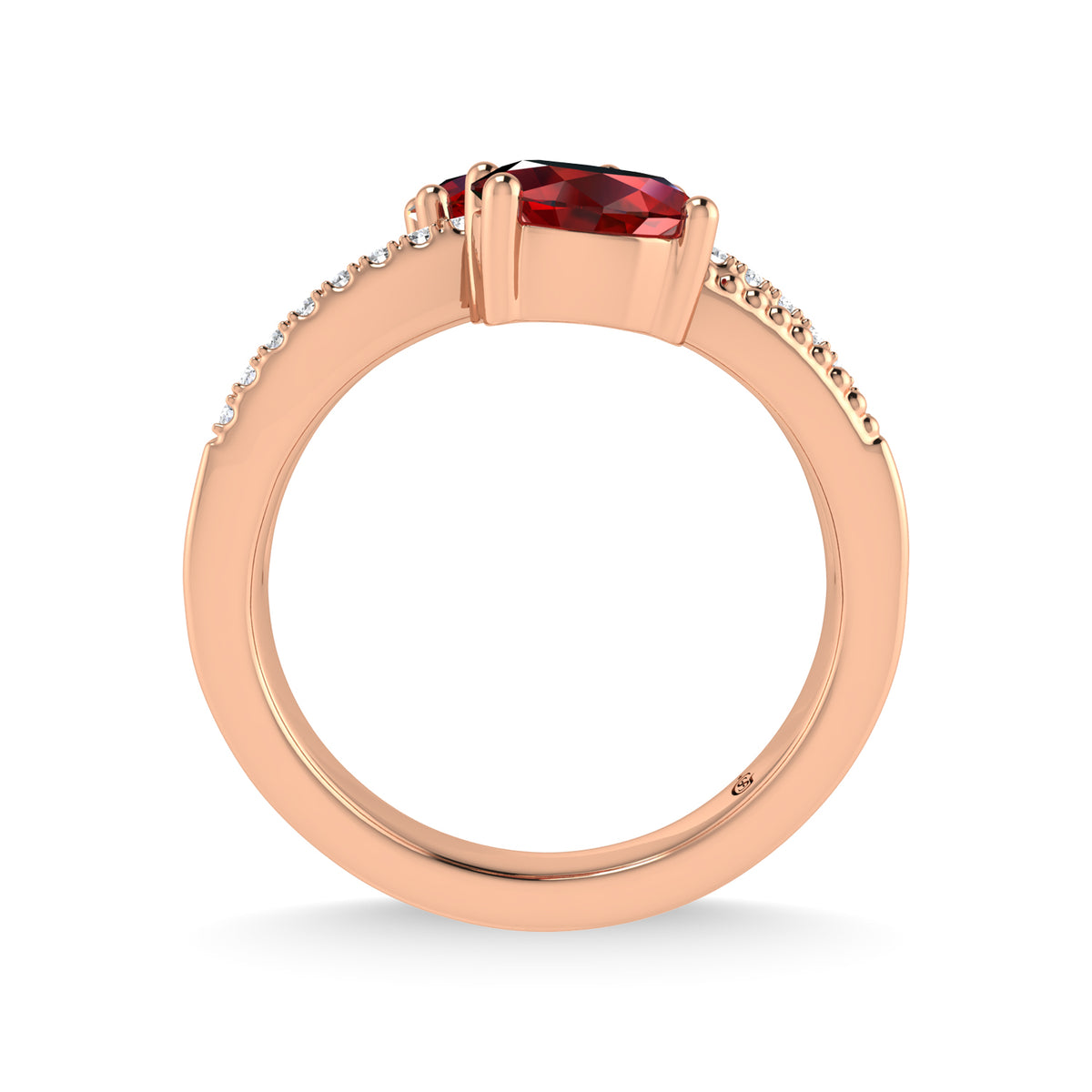 14K Rose Gold Diamond and Ruby 1 1/3 ct. tw. Stackable Band, close-up of the setting