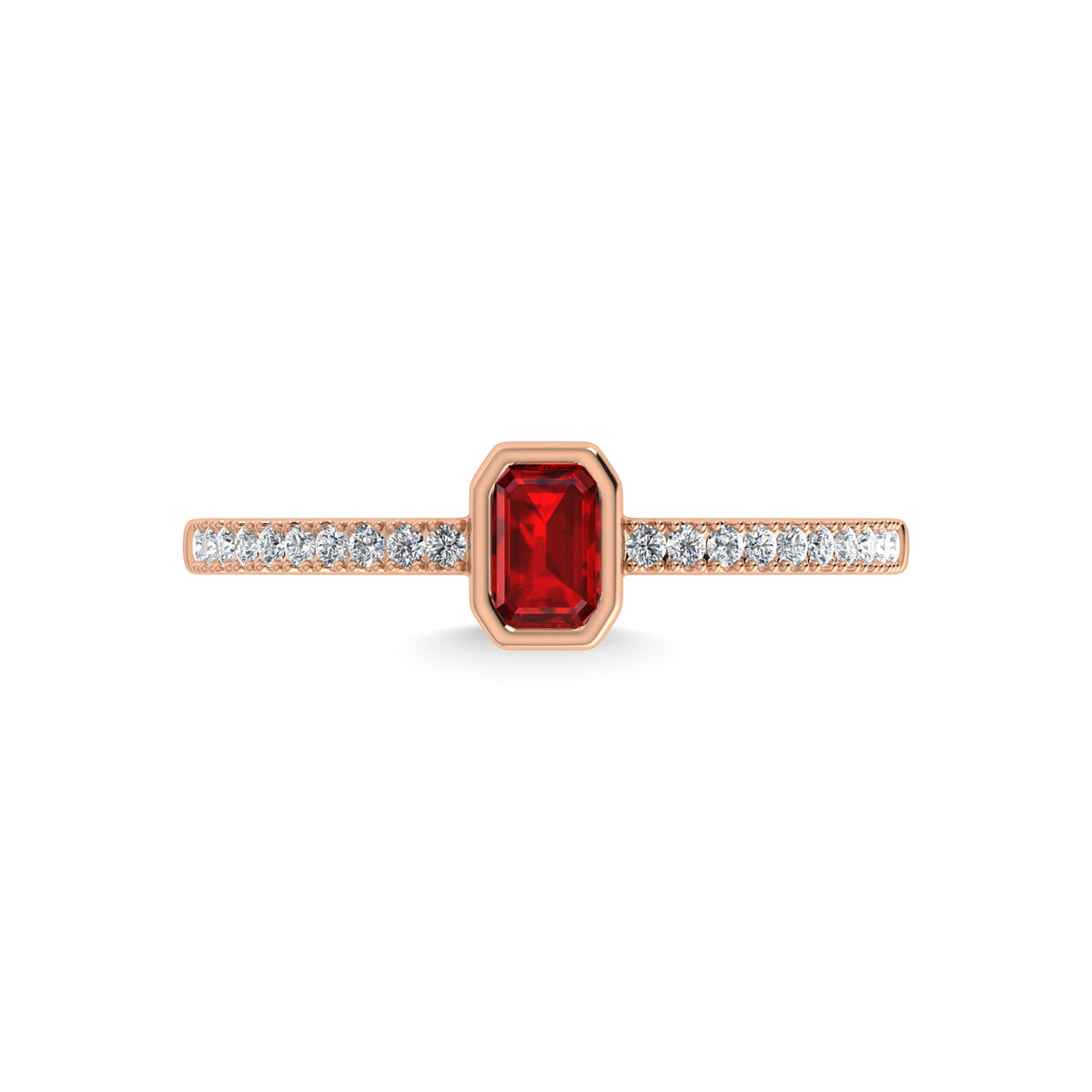 14K Rose Gold Diamond 3/8 ct. tw. and Ruby Fashion Ring, side profile view showing the band