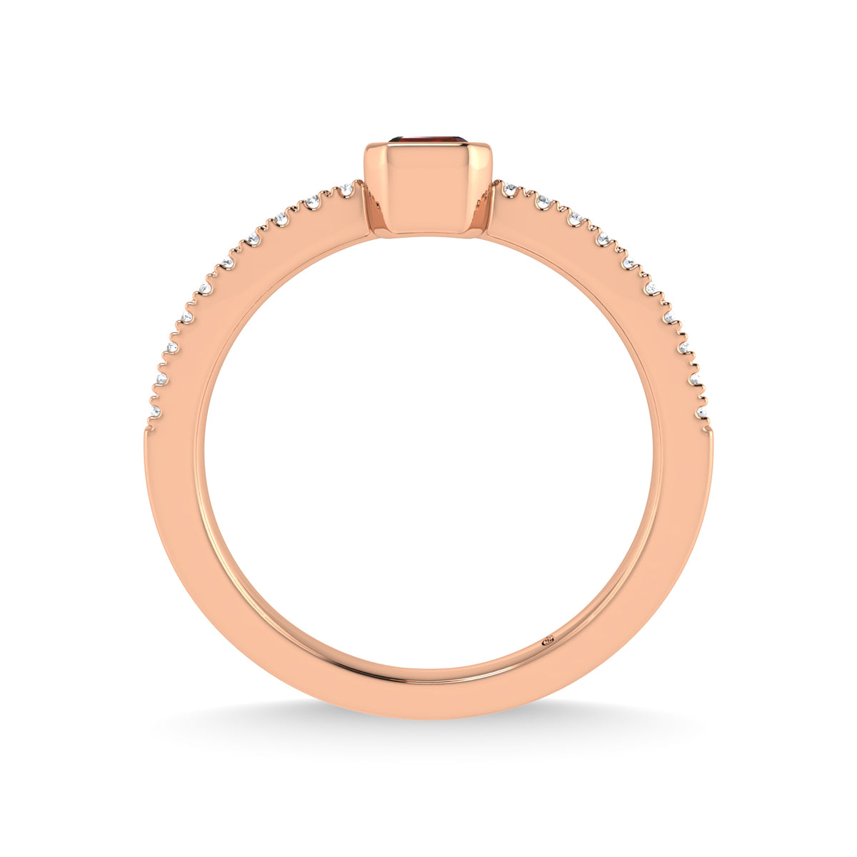 14K Rose Gold Diamond 3/8 ct. tw. and Ruby Fashion Ring, close-up of the diamond setting