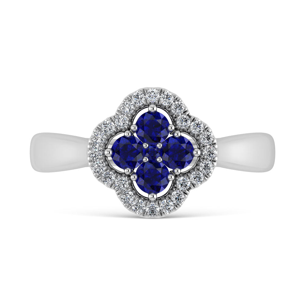 14K White Gold Diamond 5/8 ct. tw. and Blue Sapphire Clover Ring, detailed angle view