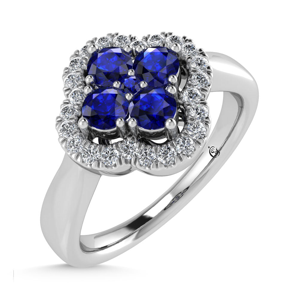 14K White Gold Diamond 5/8 ct. tw. and Blue Sapphire Clover Ring, top view of the diamonds