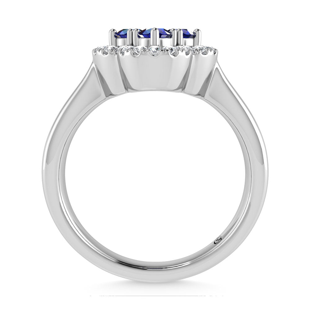 14K White Gold Diamond 5/8 ct. tw. and Blue Sapphire Clover Ring, close-up of the setting
