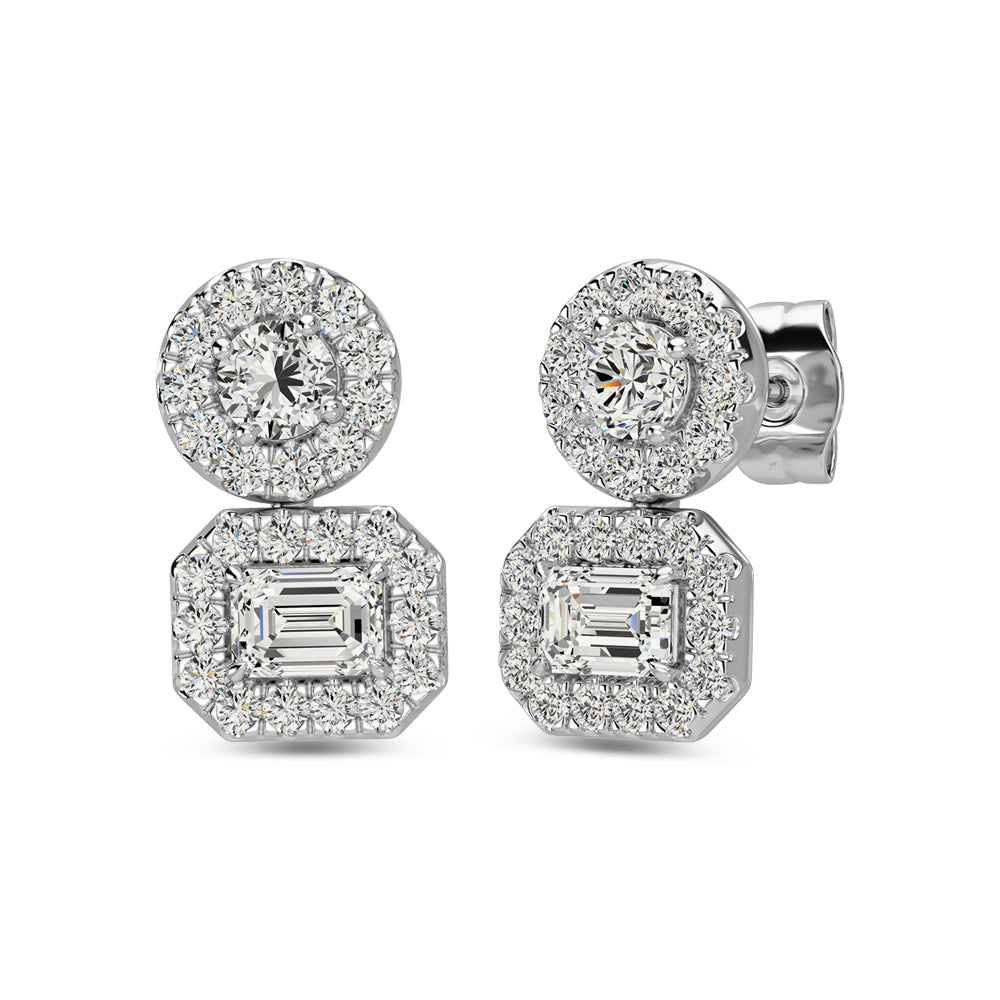 Classic 14k White Gold earrings, featuring 0.66 CTW diamond, with round / emerald/pear-cut stones, close-up detail shot.