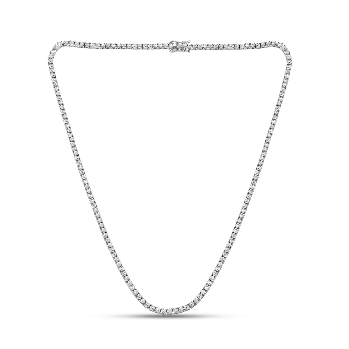 Lab grown diamond tennis necklace in 14K white gold, 7.5 ct total weight, D-F color VS clarity, continuous prong-set line.