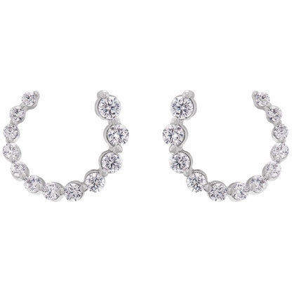 Side view of 14K white gold lab-grown diamond front-back earrings with a sleek, modern design
