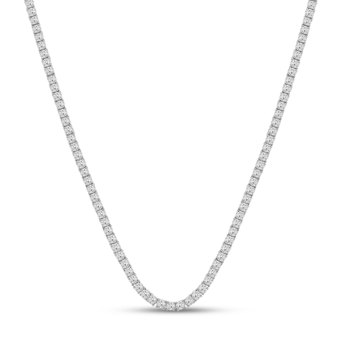 Handcrafted 14K White Gold tennis necklace, featuring a 29 CT lab-grown diamond, close-up studio shot.