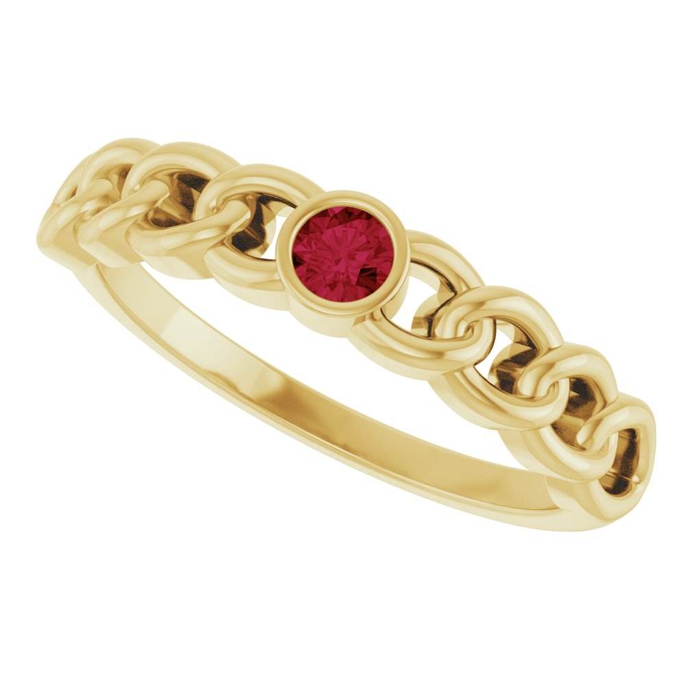 14K Yellow Gold Natural Ruby Curb Chain Ring – Bezel-Set Design - Picasso Gold & Diamond Jewelry