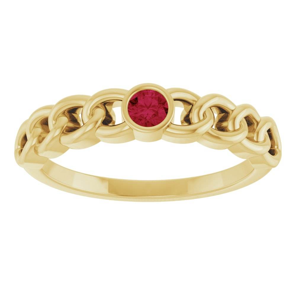 14K Yellow Gold Natural Ruby Curb Chain Ring – Bezel-Set Design - Picasso Gold & Diamond Jewelry
