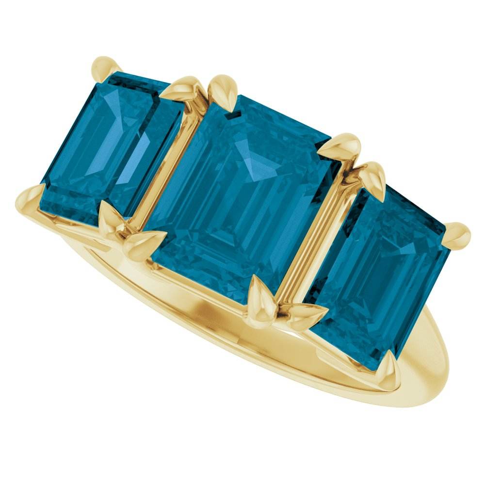 14K Yellow Gold 8x6 mm Emerald & London Blue Topaz Three-Stone Ring - Perfect Holiday Gift - Picasso Gold & Diamond Jewelry