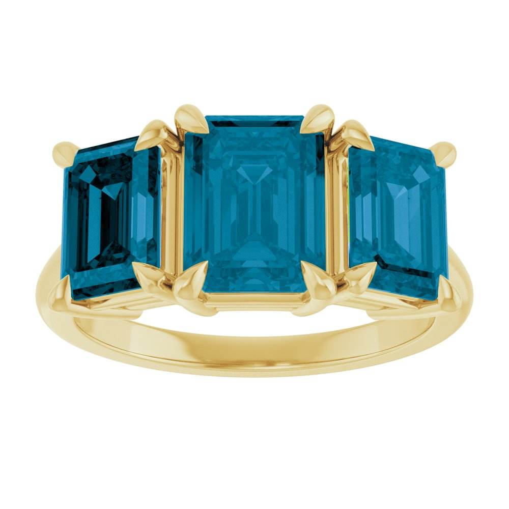 14K Yellow Gold 8x6 mm Emerald & London Blue Topaz Three-Stone Ring - Perfect Holiday Gift - Picasso Gold & Diamond Jewelry