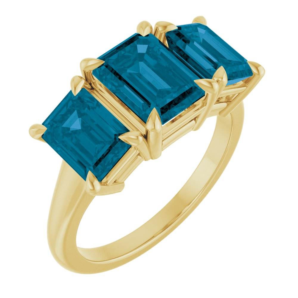 14K Yellow Gold 8x6 mm Emerald & London Blue Topaz Three-Stone Ring - Perfect Holiday Gift - Picasso Gold & Diamond Jewelry