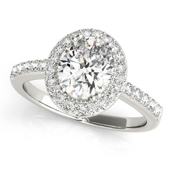 Oval Lab Diamond Halo Ring with Pavé Shank in 14K gold and platinum