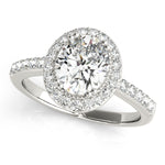 Oval Lab Diamond Halo Ring with Pavé Shank in 14K gold and platinum