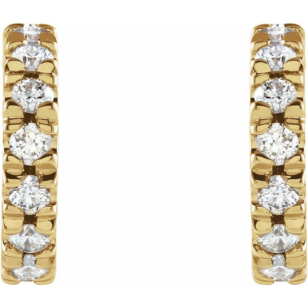Side view of 14K yellow gold huggie earrings showcasing polished finish and secure friction backs