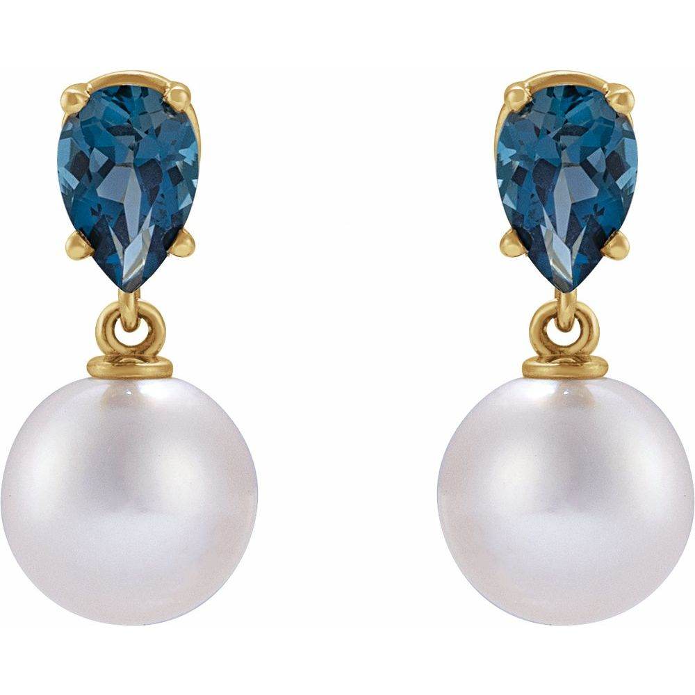 14K Yellow Gold Akoya Pearl & Natural London Blue Topaz Earrings – Classic & Elegant Fine Jewelry - Picasso Gold & Diamond Jewelry