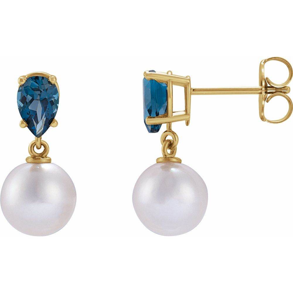 14K Yellow Gold Akoya Pearl & Natural London Blue Topaz Earrings – Classic & Elegant Fine Jewelry - Picasso Gold & Diamond Jewelry