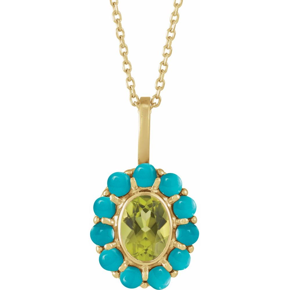 14K Gold Peridot & Turquoise Halo Necklace – 16"-18" Adjustable