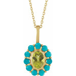 14K Gold Peridot & Turquoise Halo Necklace – 16"-18" Adjustable - Picasso Gold & Diamond Jewelry